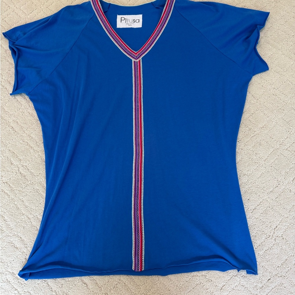 Pitusa Royal Blue V-Neck with Vibrant Red Accent. size is ‘petite’ which is xs.